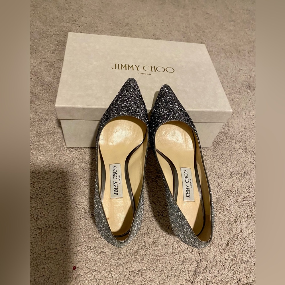 Jimmy Choo Romy 60 Navy/Silver gradient pair for sale! Barely worn.
